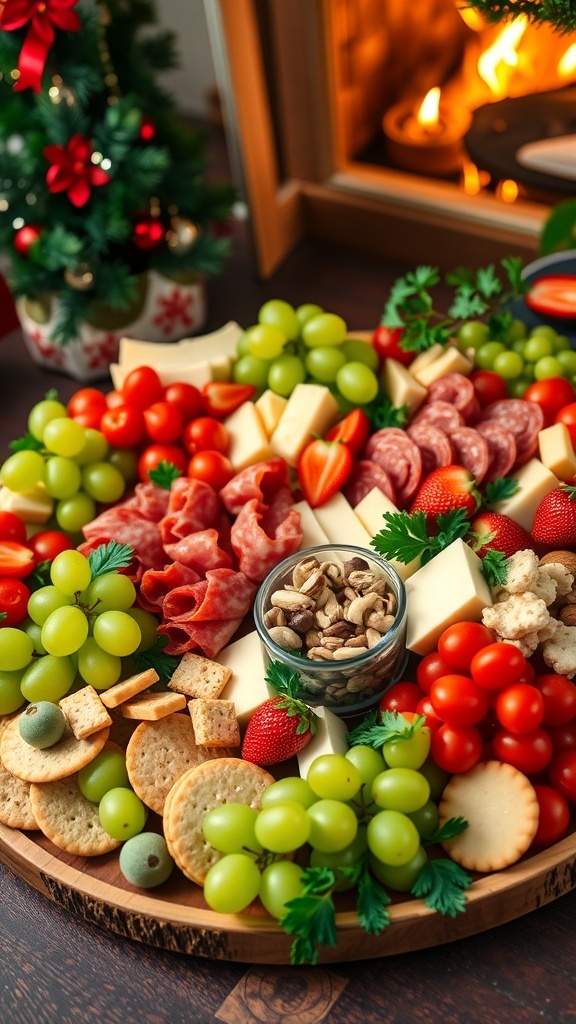 A festive Grinch charcuterie board with meats, cheeses, fruits, and snacks in green and red colors.